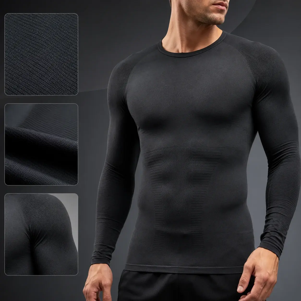 Seamless black compression shirt worn by a muscular male model, with close-up fabric detail panels highlighting the smooth knit texture and body-contouring fit.